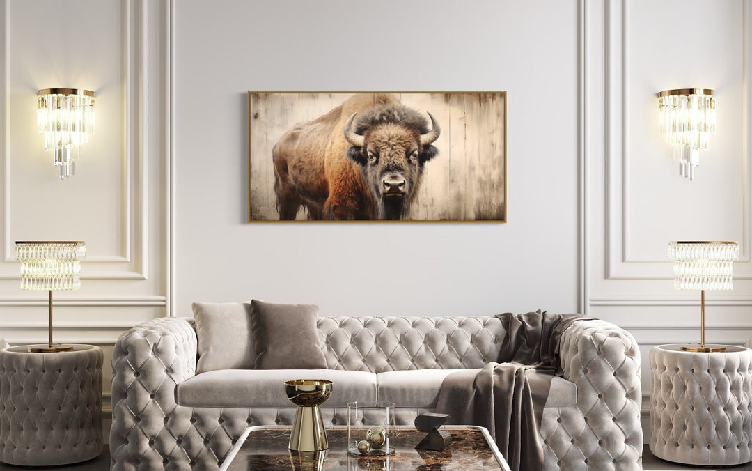 Rustic American Bison Painted On Wood Framed Canvas Wall Art