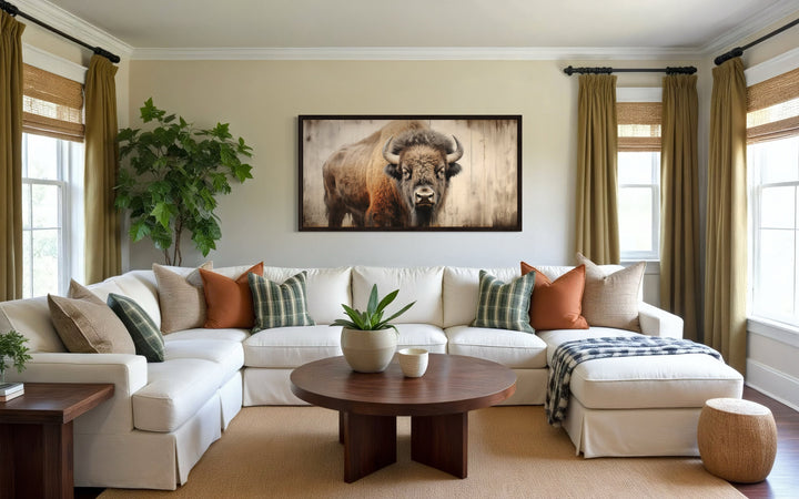 Rustic American Bison Painted On Wood Framed Canvas Wall Art