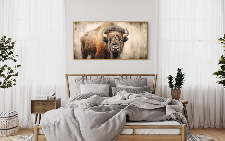 Rustic American Bison Painted On Wood Framed Canvas Wall Art