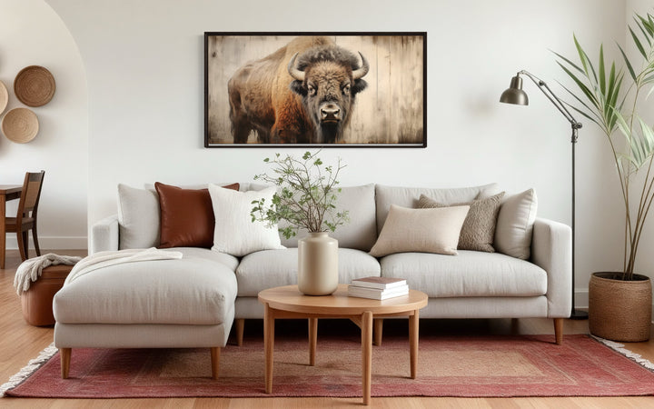 Rustic American Bison Painted On Wood Framed Canvas Wall Art