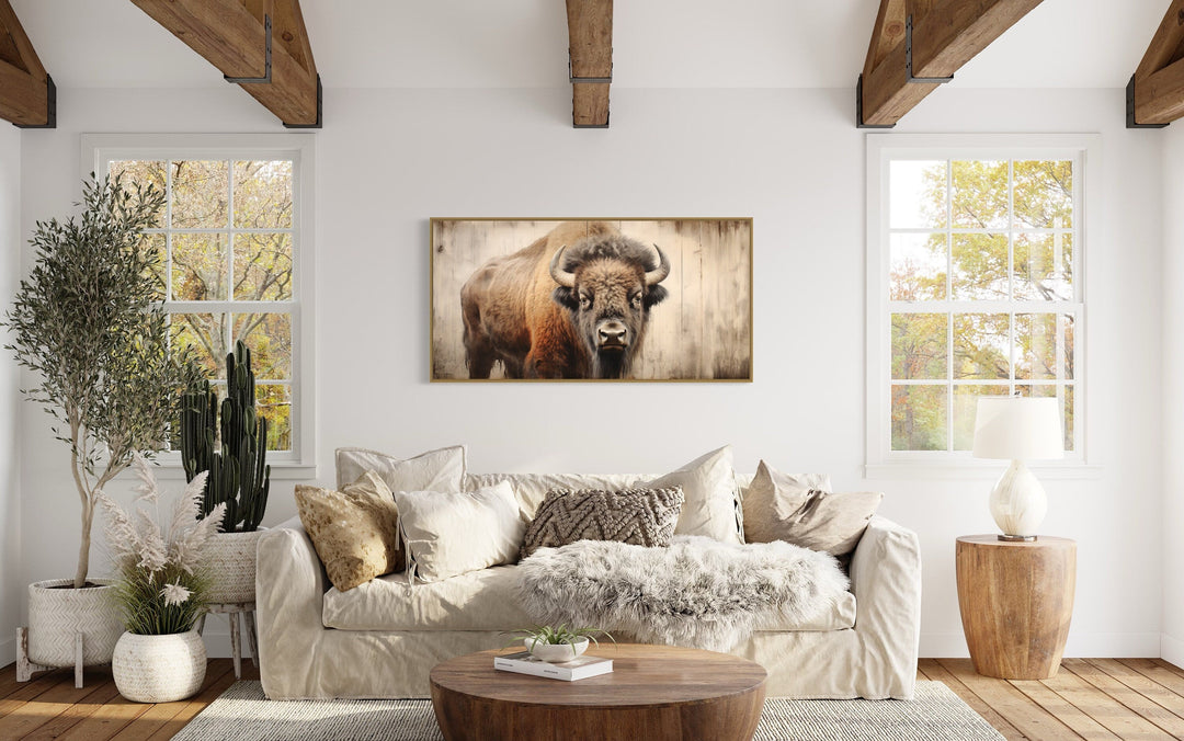 Rustic American Bison Painted On Wood Framed Canvas Wall Art