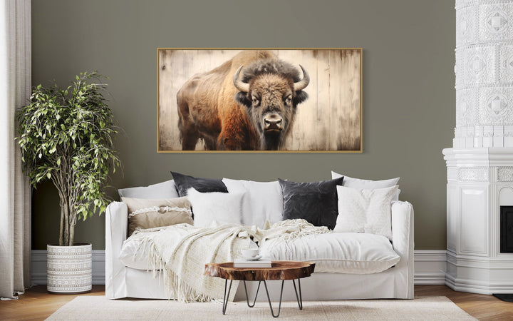 Rustic American Bison Painted On Wood Framed Canvas Wall Art