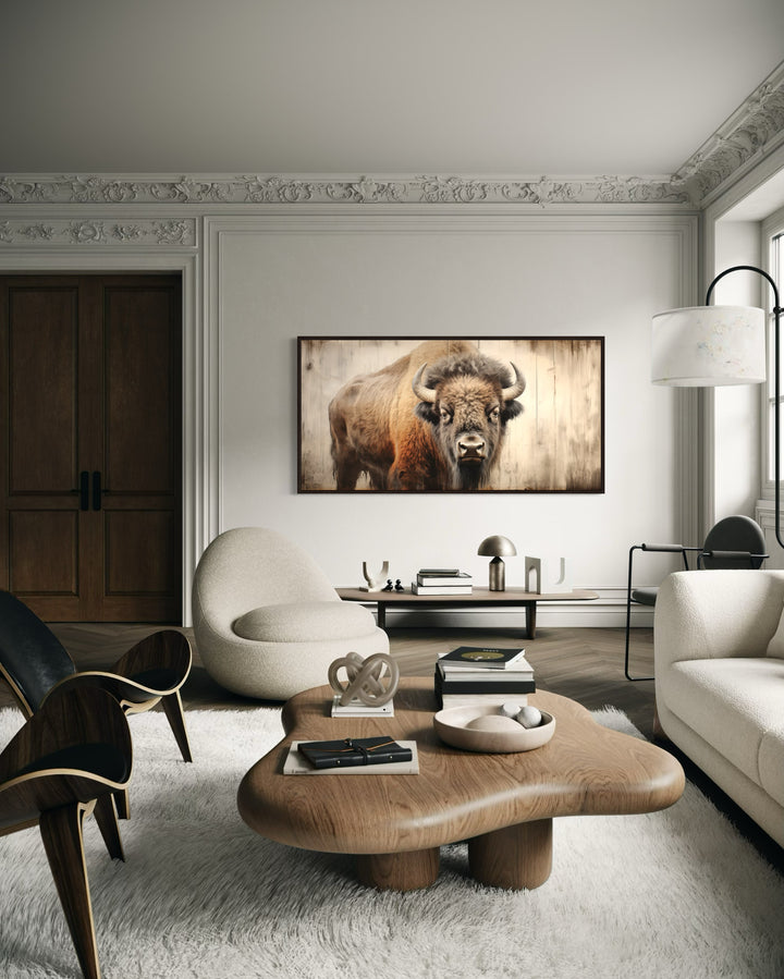 Rustic American Bison Painted On Wood Framed Canvas Wall Art