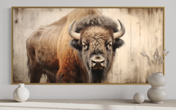 Rustic American Bison Painted On Wood Framed Canvas Wall Art