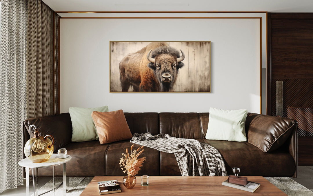 Rustic American Bison Painted On Wood Framed Canvas Wall Art