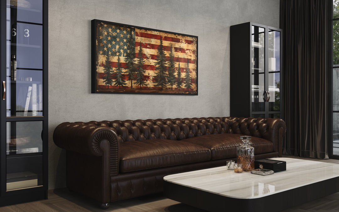 Rustic American Flag Art – Framed Canvas Wall Art | Vintage Patriotic Decor