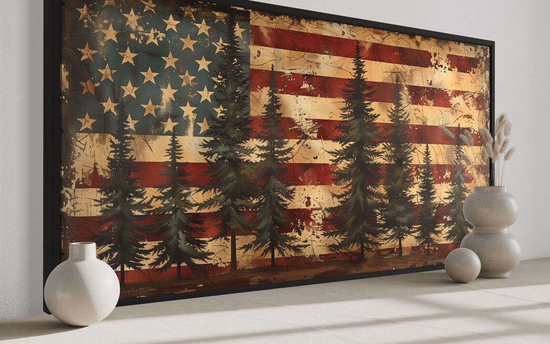 Rustic American Flag Art – Framed Canvas Wall Art | Vintage Patriotic Decor