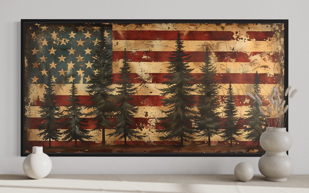 Rustic American Flag Art – Framed Canvas Wall Art | Vintage Patriotic Decor