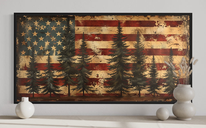 Rustic American Flag Art – Framed Canvas Wall Art | Vintage Patriotic Decor