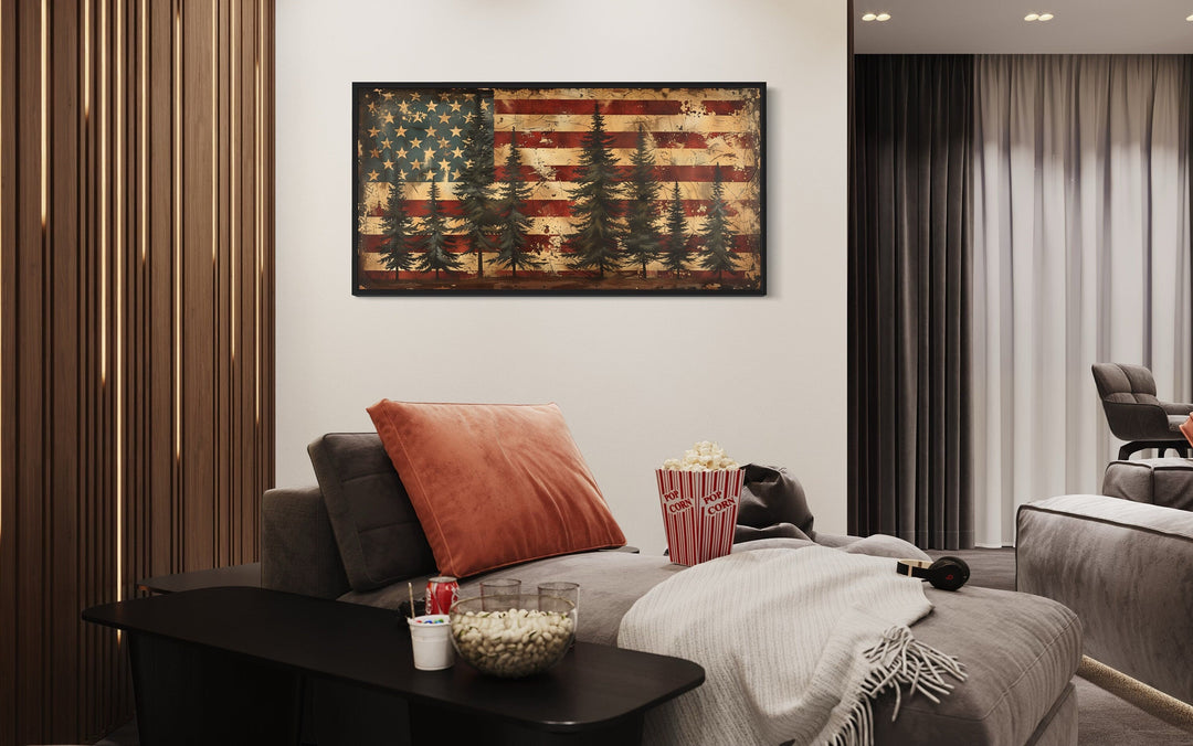 Rustic American Flag Framed Canvas Wall Art