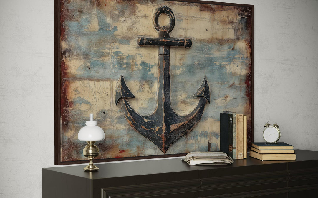 Rustic anchor wall art with a weathered nautical design on a textured wood-plank background.