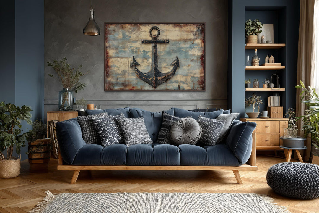 Rustic anchor wall art with a weathered nautical design on a textured canvas background.