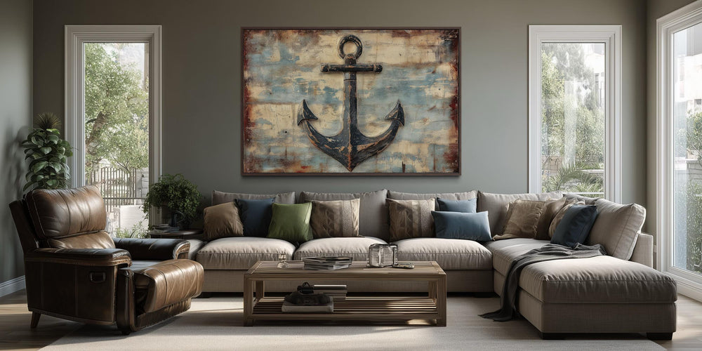 Rustic Anchor wall art on a textured faux wood background above a large sectional sofa.