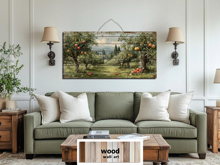 Rustic Apple Orchard Landscape Distressed Wood Wall Art