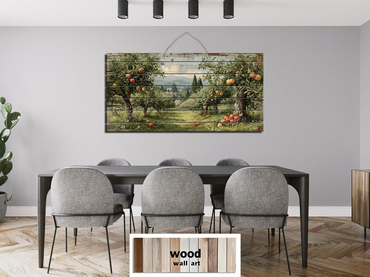 Rustic Apple Orchard Landscape Distressed Wood Wall Art