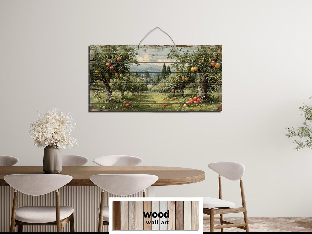 Rustic Apple Orchard Landscape Distressed Wood Wall Art