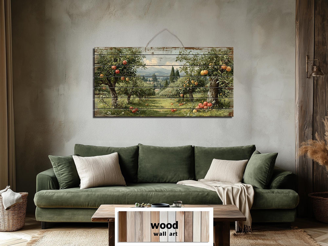 Rustic Apple Orchard Landscape Distressed Wood Wall Art