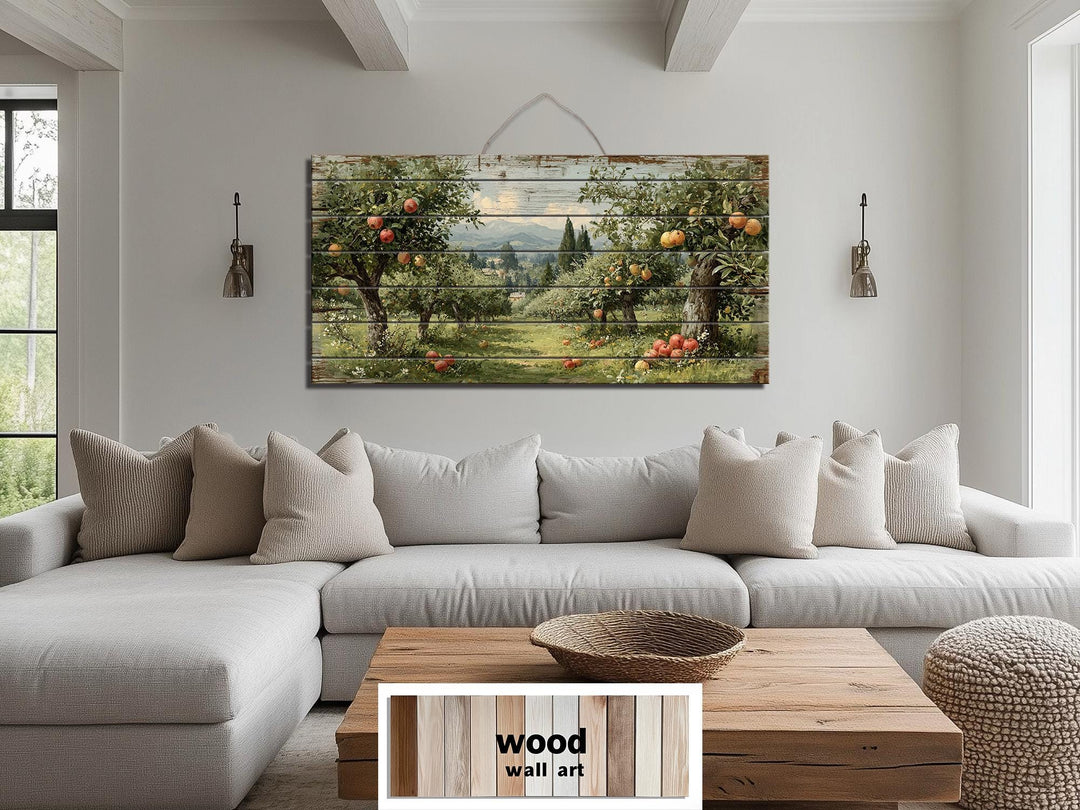 Rustic Apple Orchard Landscape Distressed Wood Wall Art