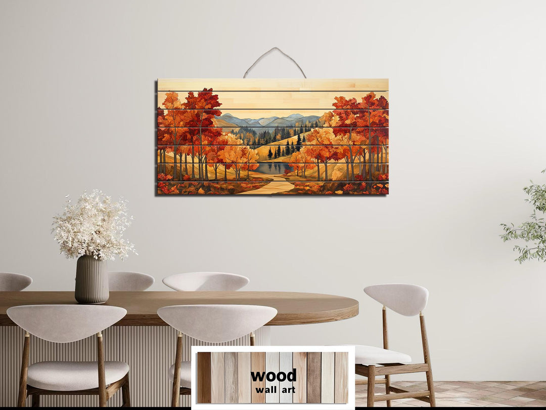 Rustic Autumn Forest Mountain Lake Distressed Wood Wall Art