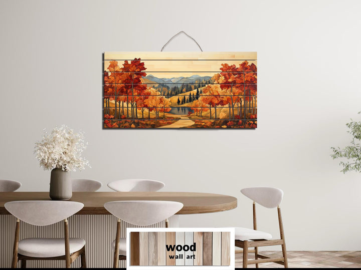 Rustic Autumn Forest Mountain Lake Distressed Wood Wall Art