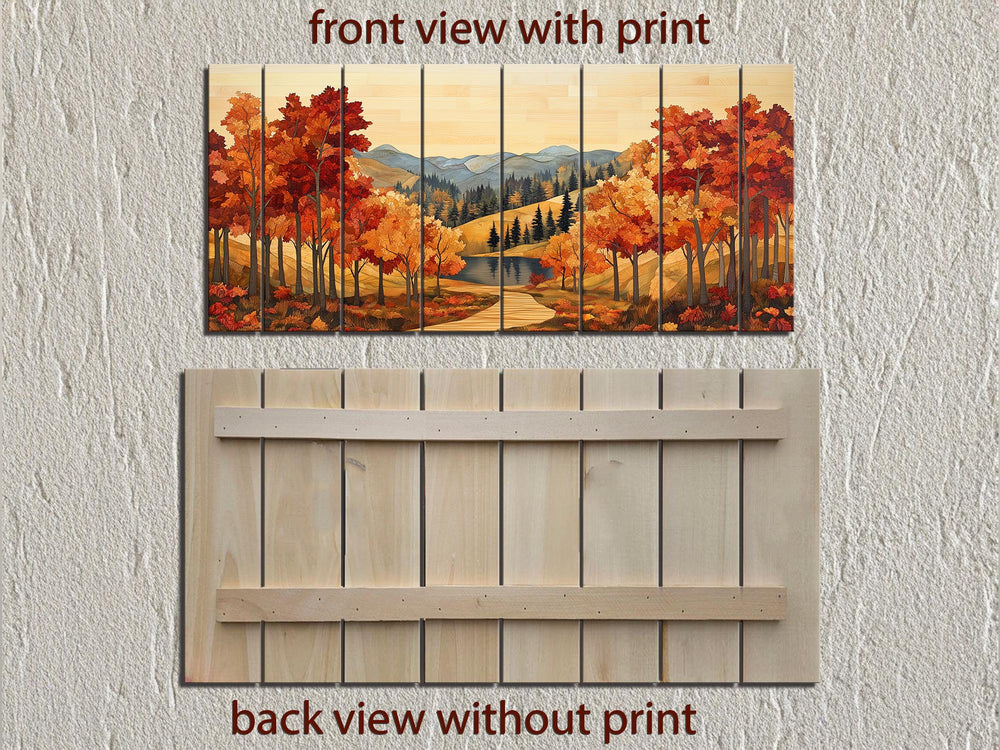 Rustic Autumn Forest Mountain Lake Distressed Wood Wall Art
