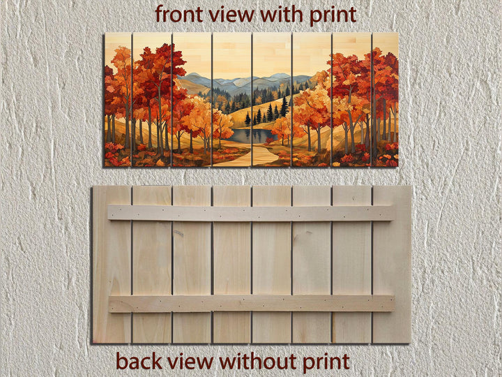 Rustic Autumn Forest Mountain Lake Distressed Wood Wall Art
