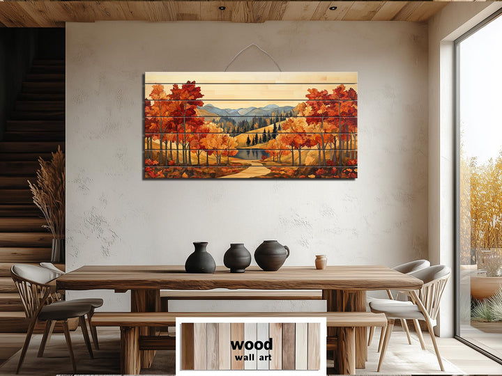 Rustic Autumn Forest Mountain Lake Distressed Wood Wall Art