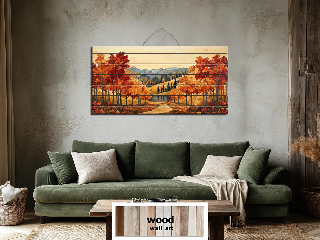 Rustic Autumn Forest Mountain Lake Distressed Wood Wall Art