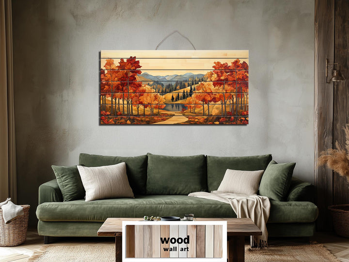 Rustic Autumn Forest Mountain Lake Distressed Wood Wall Art