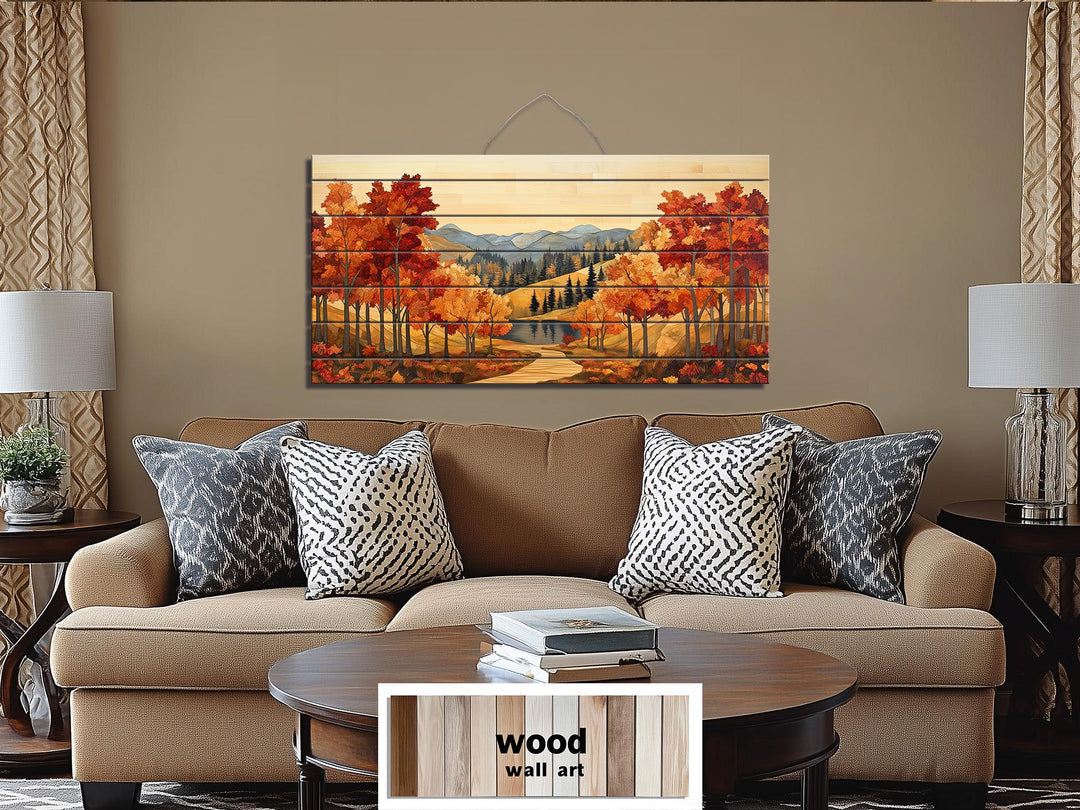 Rustic Autumn Forest Mountain Lake Distressed Wood Wall Art