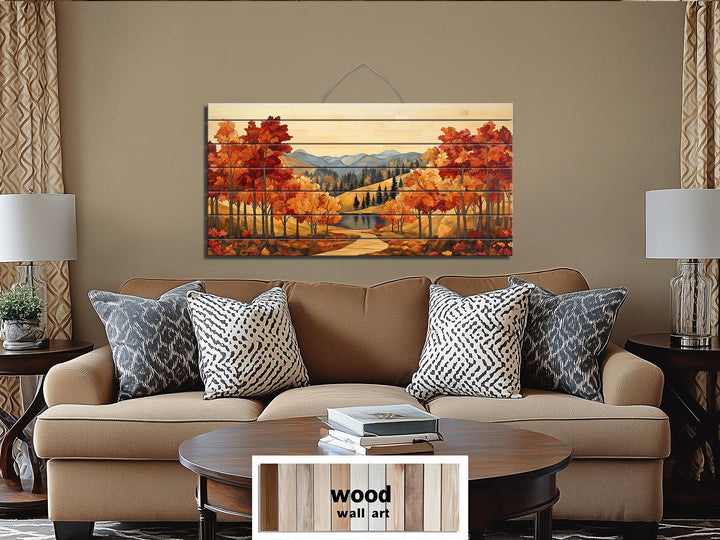 Rustic Autumn Forest Mountain Lake Distressed Wood Wall Art