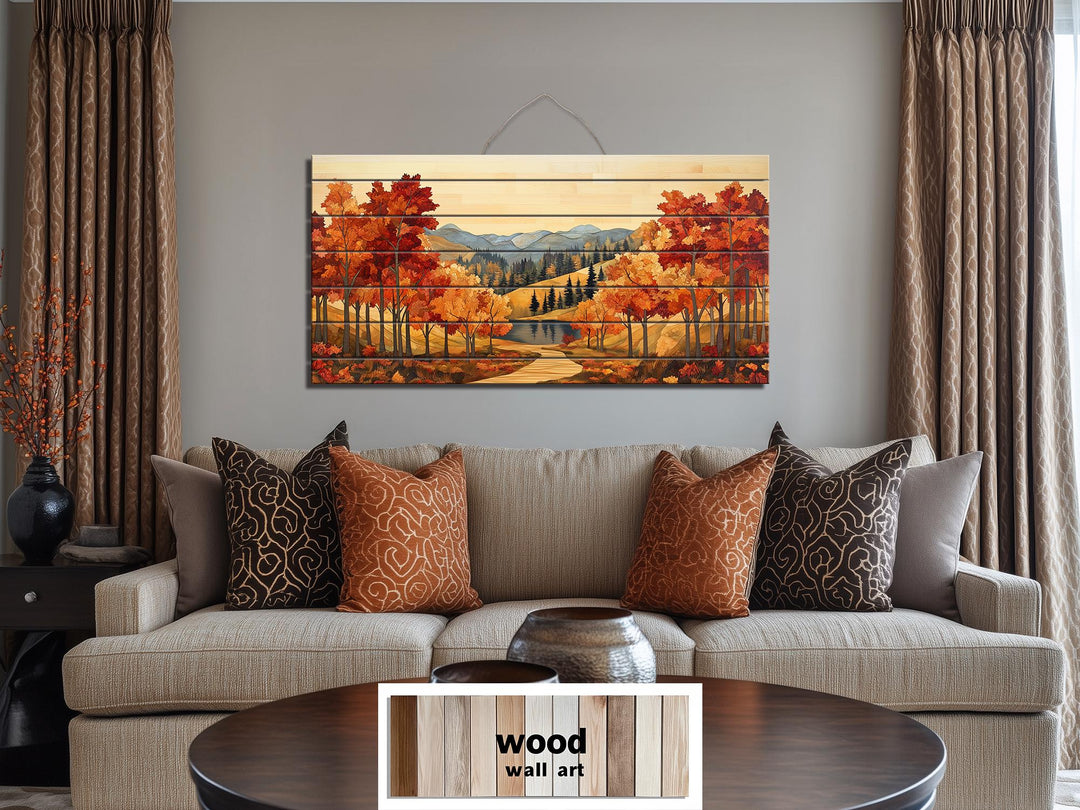 Rustic Autumn Forest Mountain Lake Distressed Wood Wall Art