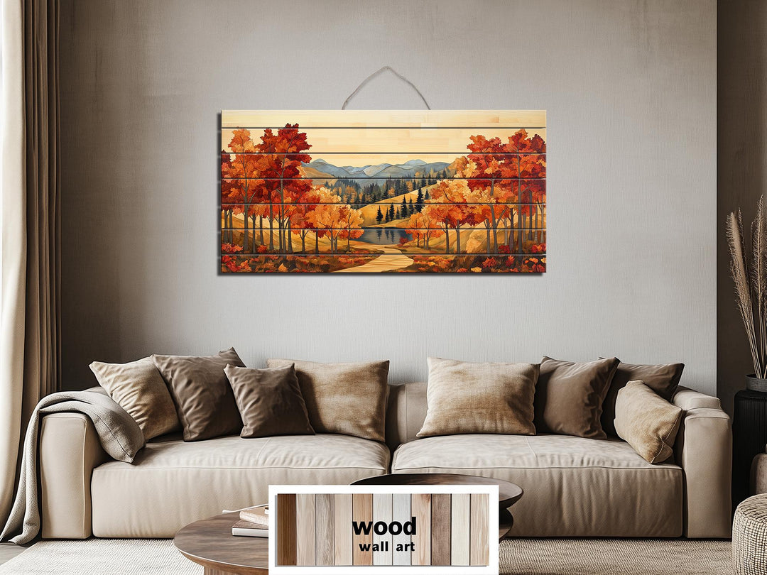 Rustic Autumn Forest Mountain Lake Distressed Wood Wall Art