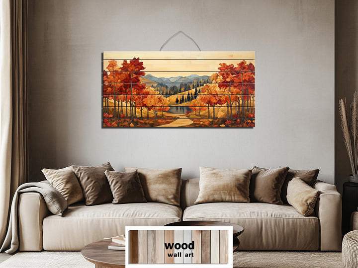 Rustic Autumn Forest Mountain Lake Distressed Wood Wall Art