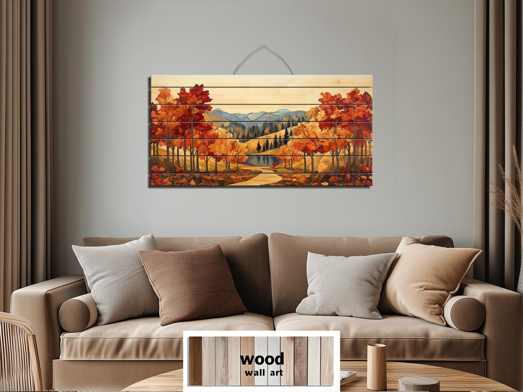 Rustic Autumn Forest Mountain Lake Distressed Wood Wall Art