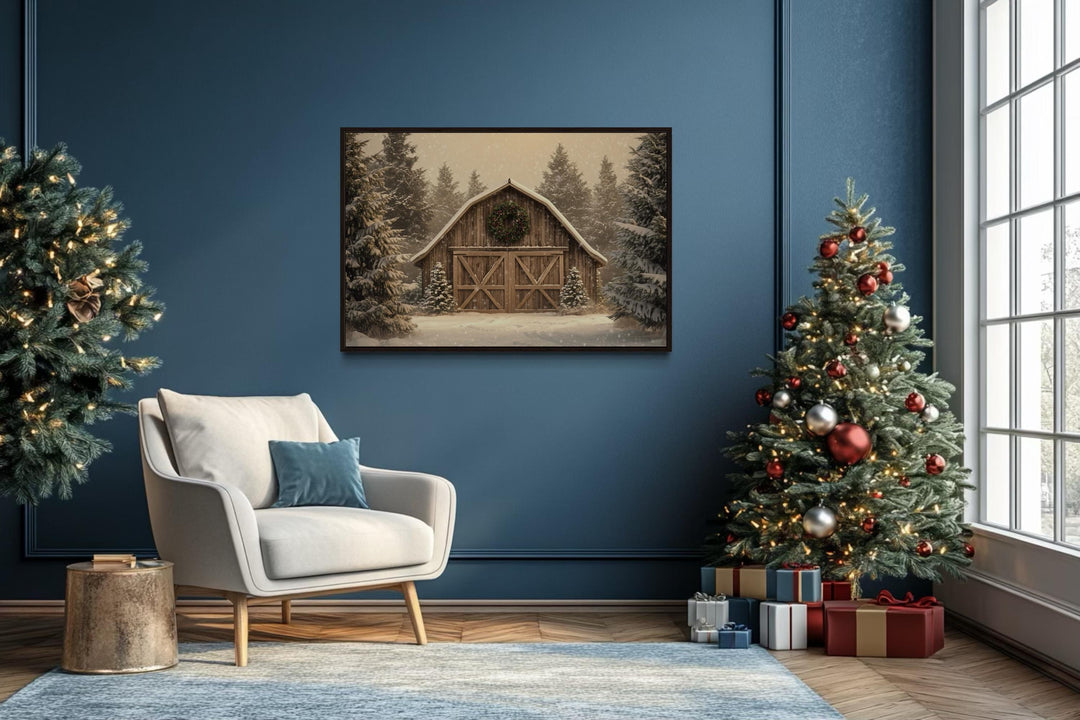 Rustic Barn Christmas Canvas Wall Art Framed Holiday Decor