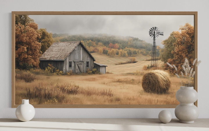 Rustic Barn, Hay Bale, and Windmill in Fall Landscape Canvas Wall Art