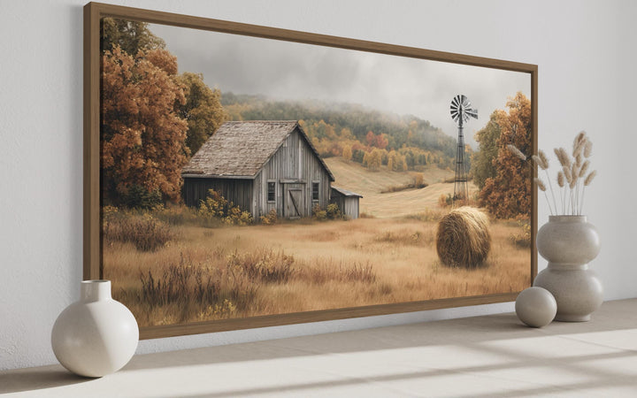 Rustic Barn, Hay Bale, and Windmill in Fall Landscape Canvas Wall Art