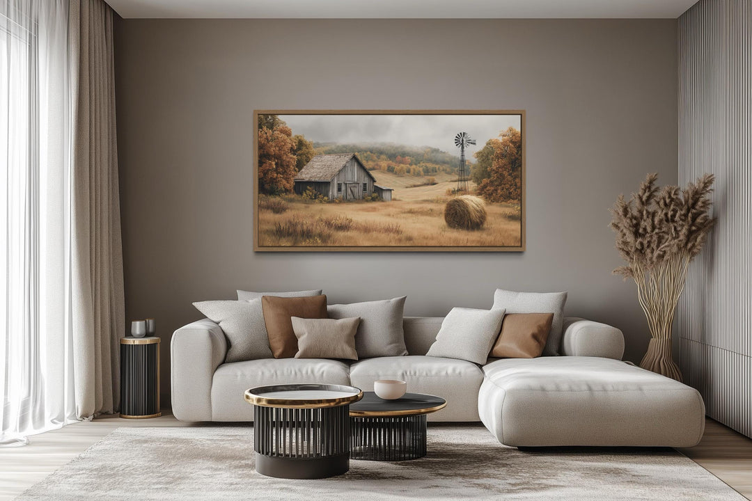 Rustic Barn, Hay Bale, and Windmill in Fall Landscape Canvas Wall Art