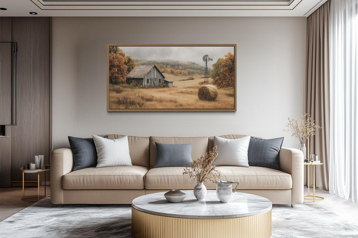 Rustic Barn, Hay Bale, and Windmill in Fall Landscape Canvas Wall Art