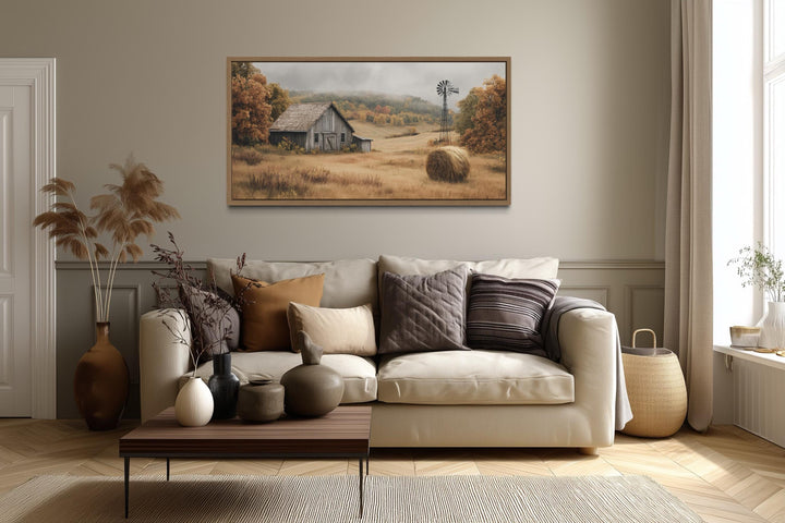 Rustic Barn, Hay Bale, and Windmill in Fall Landscape Canvas Wall Art