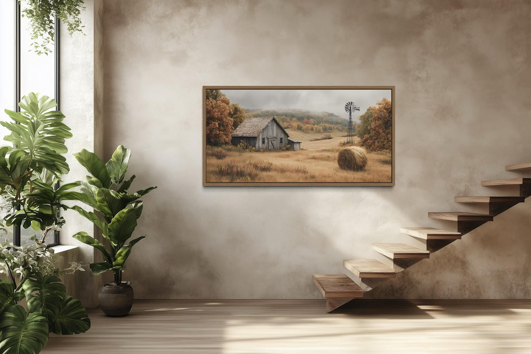 Rustic Barn, Hay Bale, and Windmill in Fall Landscape Canvas Wall Art