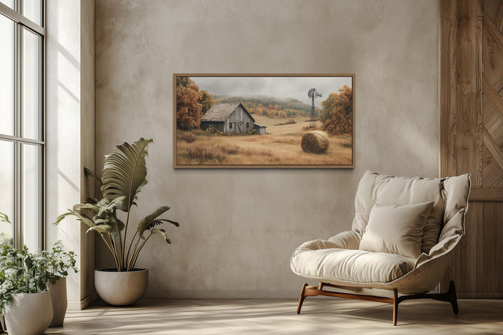 Rustic Barn, Hay Bale, and Windmill in Fall Landscape Canvas Wall Art