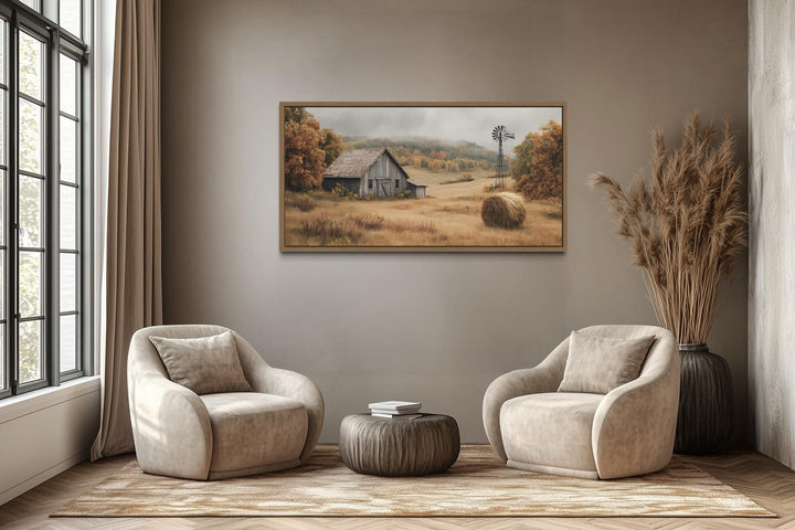 Rustic Barn, Hay Bale, and Windmill in Fall Landscape Canvas Wall Art