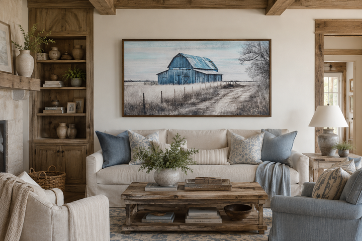 Rustic blue barn canvas painting framed above a sofa in a farmhouse-style living room.