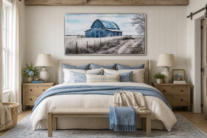 Rustic blue barn canvas painting hanging above a bed in a farmhouse-style bedroom.