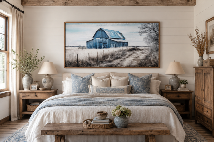 Rustic blue barn canvas painting framed above a bed in a farmhouse-style bedroom.