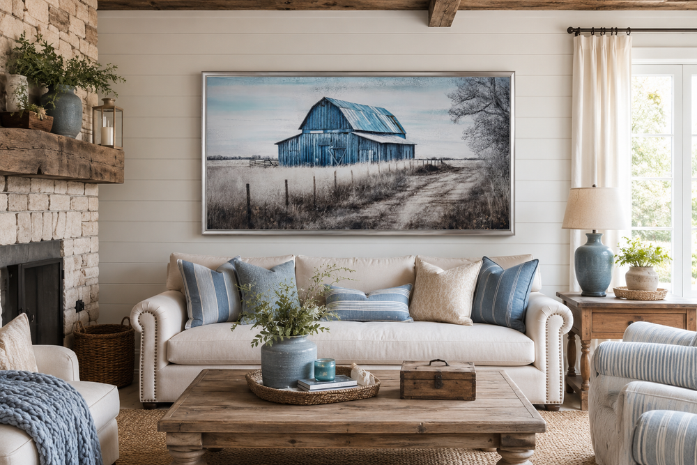 Rustic blue barn canvas painting framed above a sofa in a farmhouse-style living room.