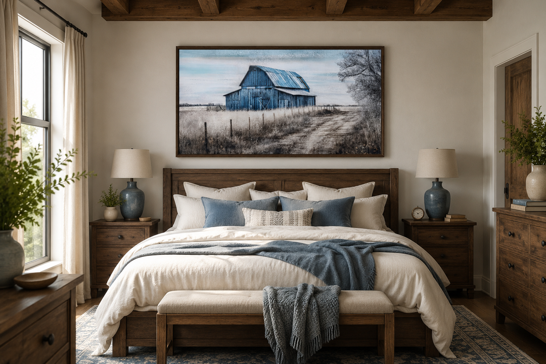 Rustic blue barn canvas painting hanging above a bed in a farmhouse-style bedroom.