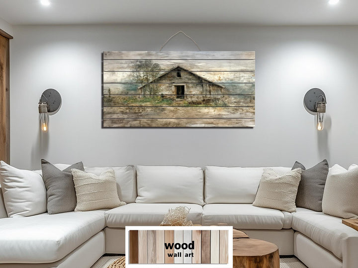Rustic barn wall art printed on horizontal wood planks in neutral beige, brown, and green tones.
